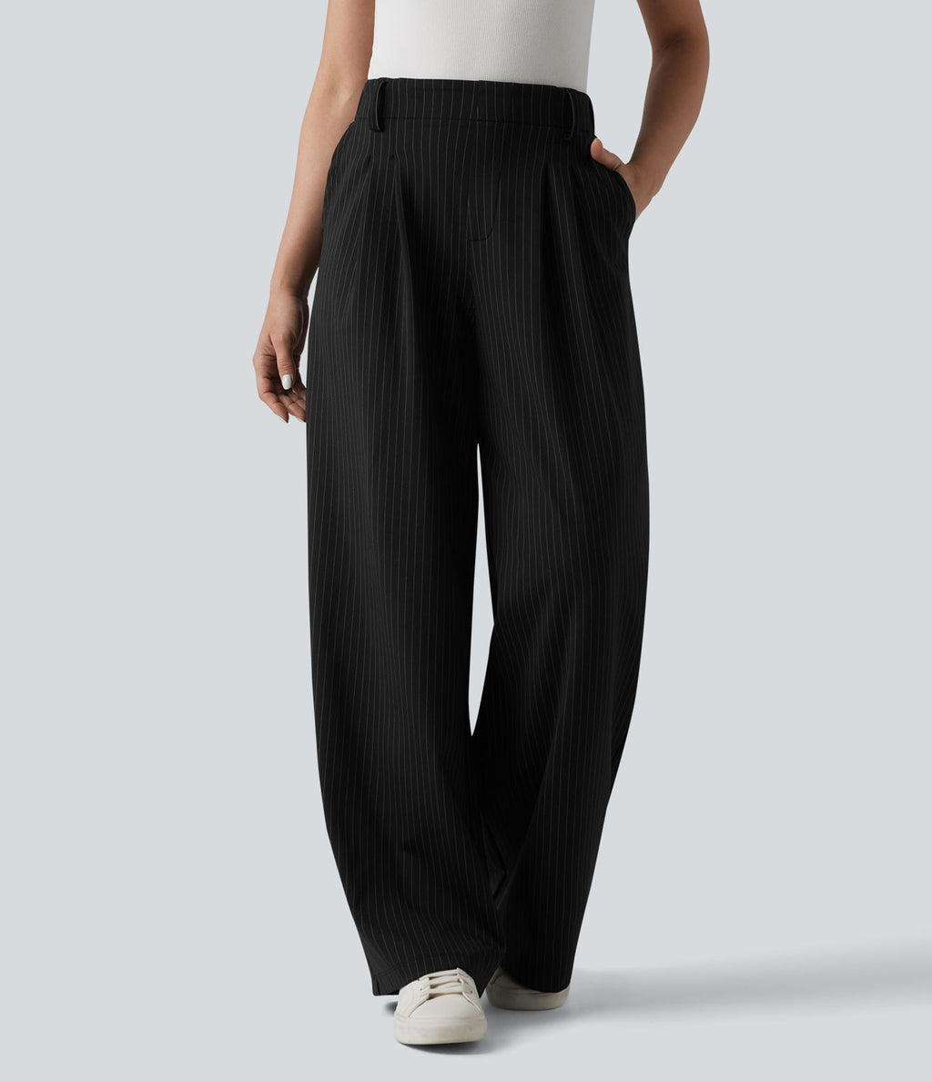 Pantalon tailleur large taille haute à rayures avec poches