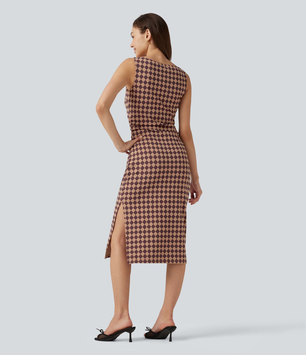 Robe midi moulante Halara UltraSculpt™ motif tartan, encolure bateau et sans manches