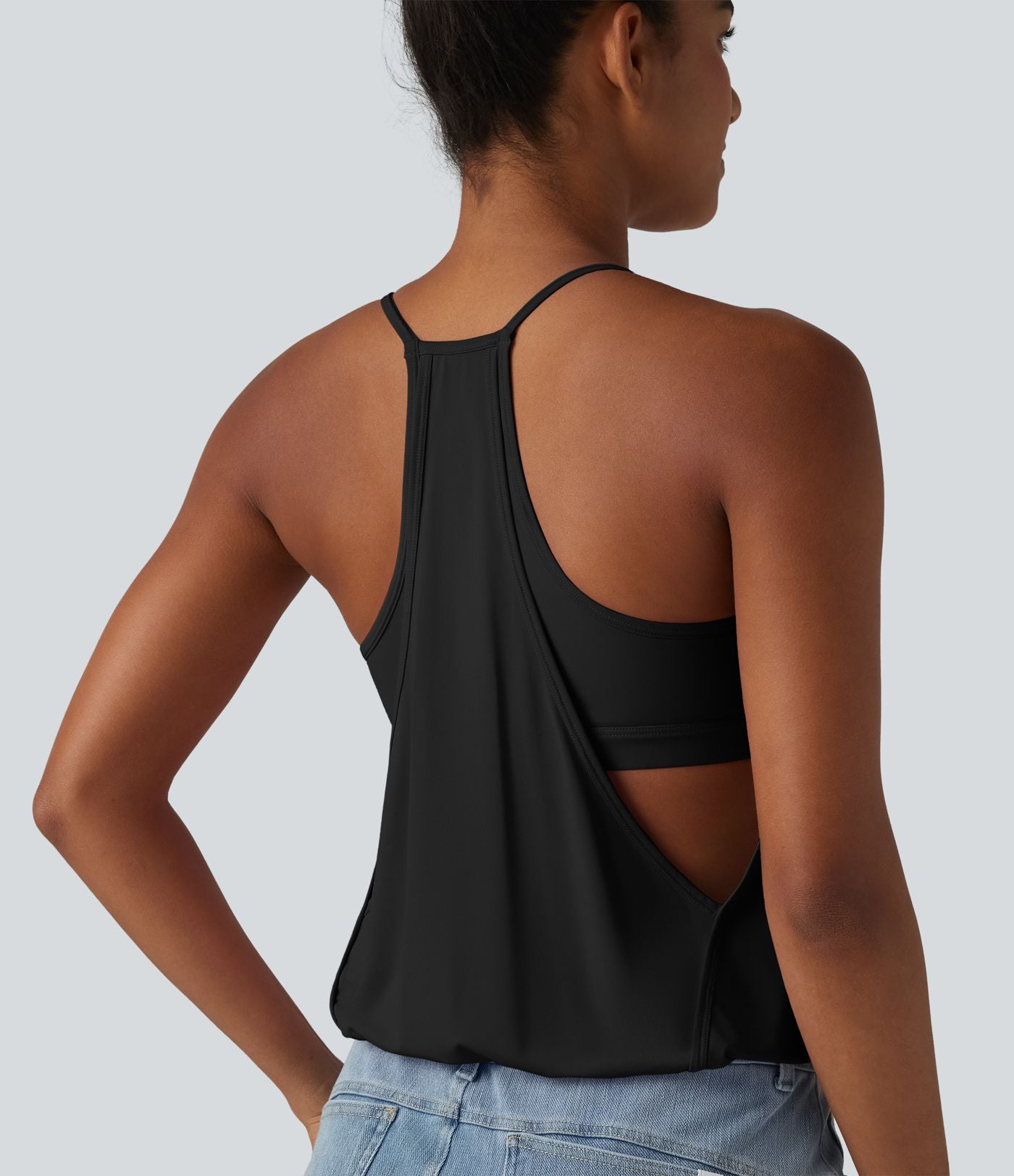 Débardeur décontracté col U froncé 2-en-1 avec brassière intégrée effet frais InstantCool séchage rapide, protection solaire UPF50+