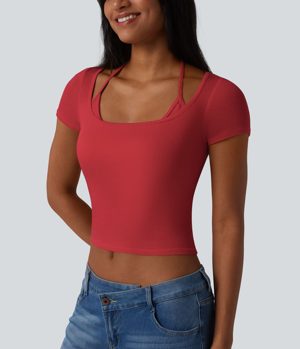 T-shirt crop décontracté côtelé dos nu à nouer avec soutien-gorge intégré manches courtes