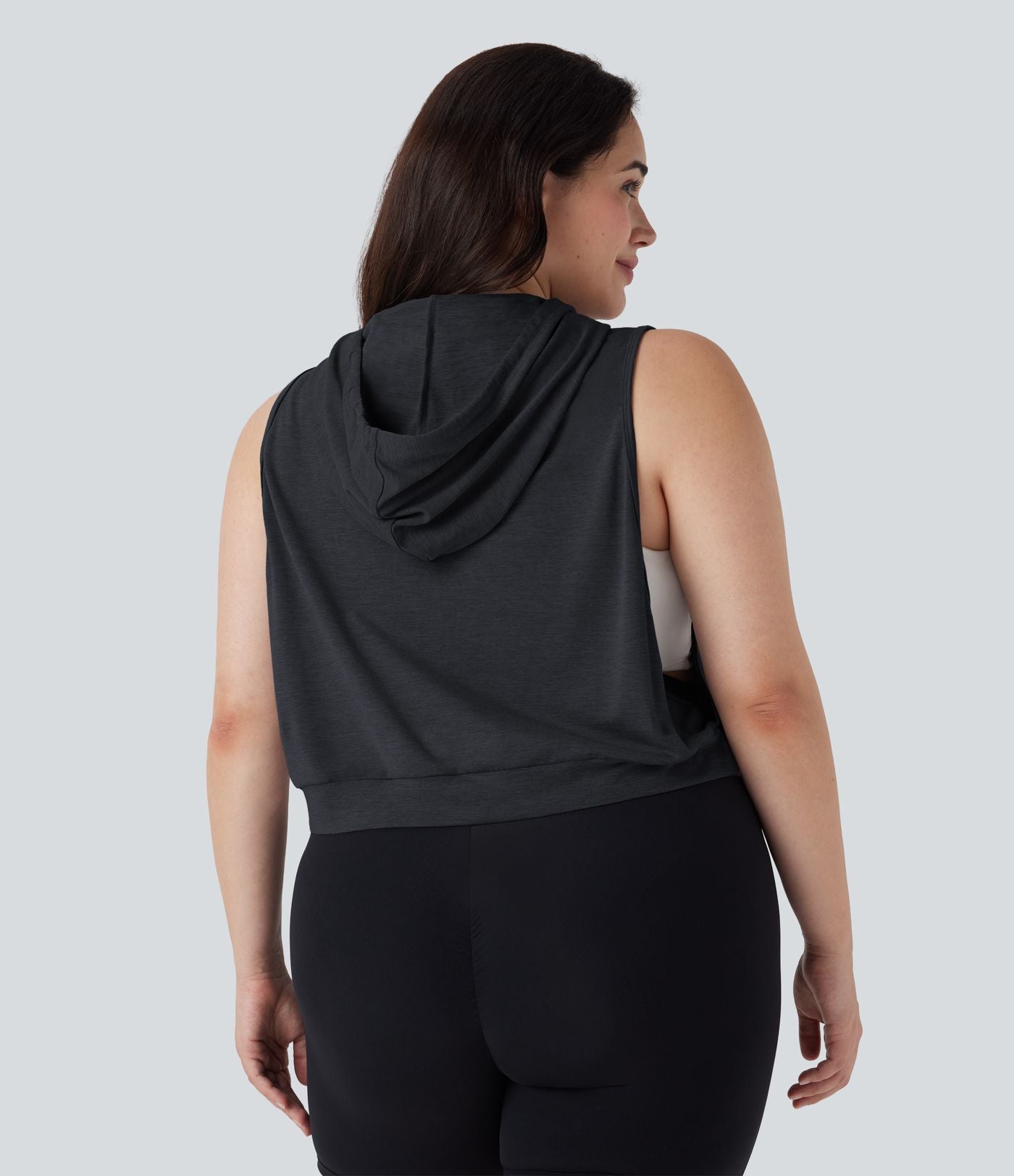 Débardeur de course grande taille crop top à capuche sans manches avec cordon de serrage