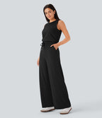 Combinaison décontractée sans manches à col rond avec dos ajouré, cordon de serrage et poches latérales