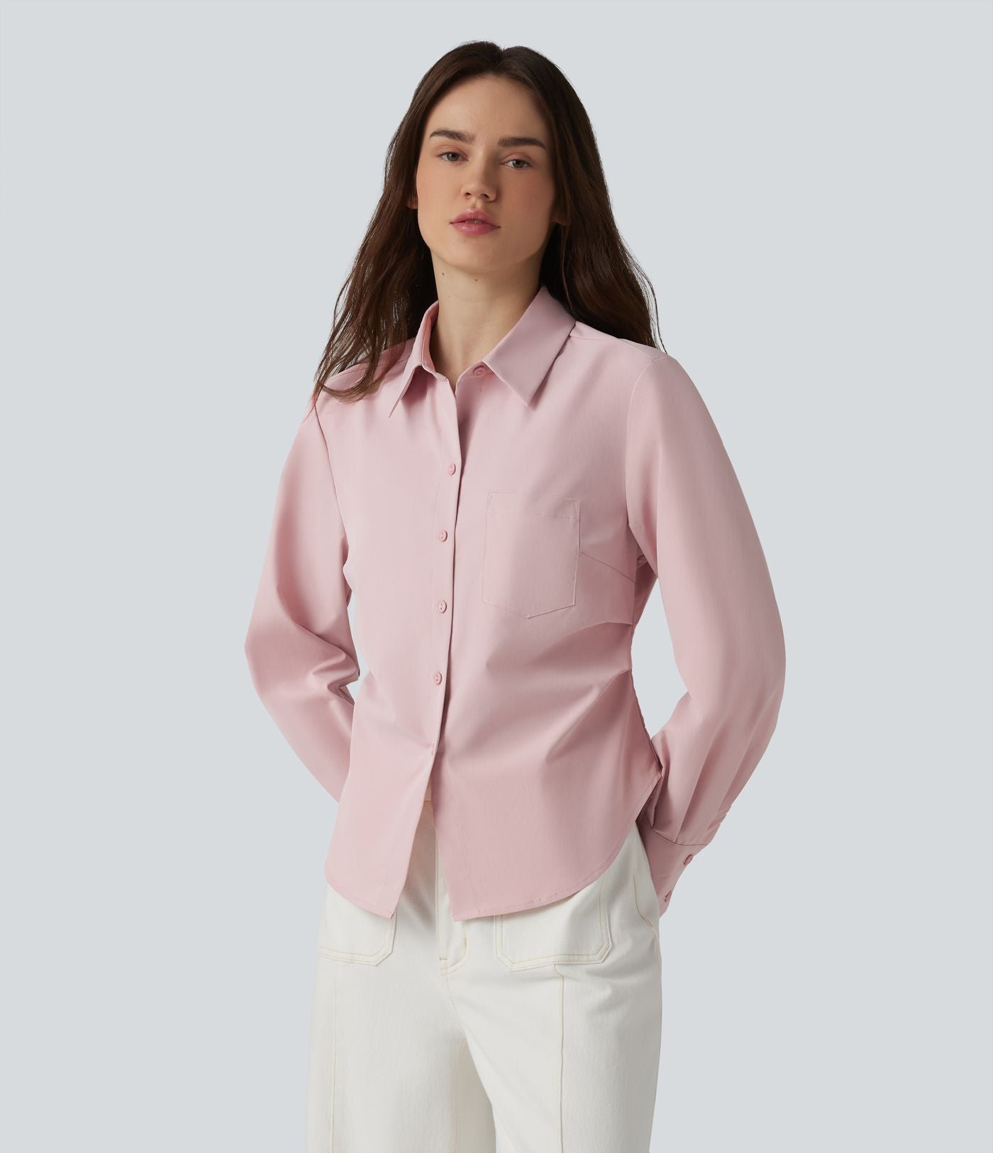 Chemise décontractée manches longues ourlet arrondi avec poche