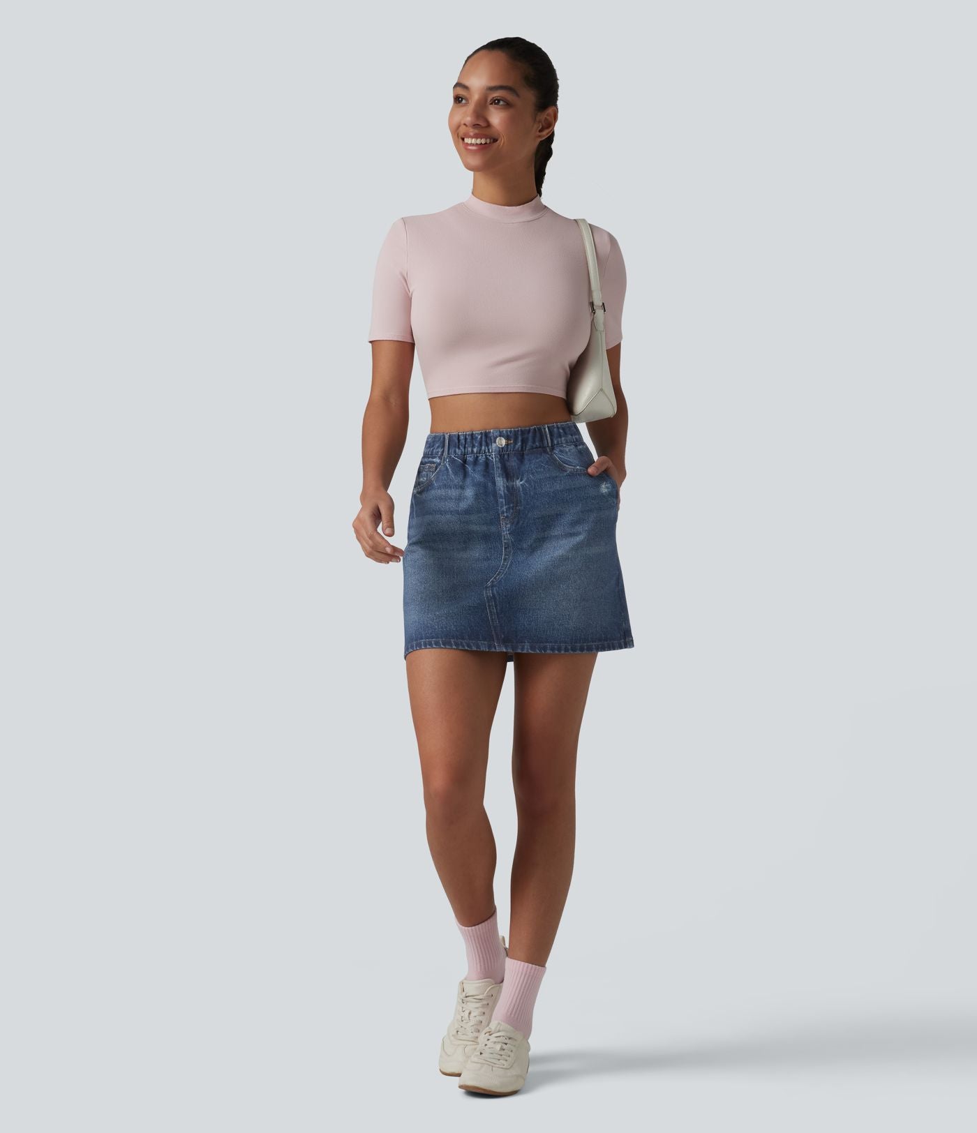 Jupe décontractée taille haute en denim imprimé, molleton français, avec poches