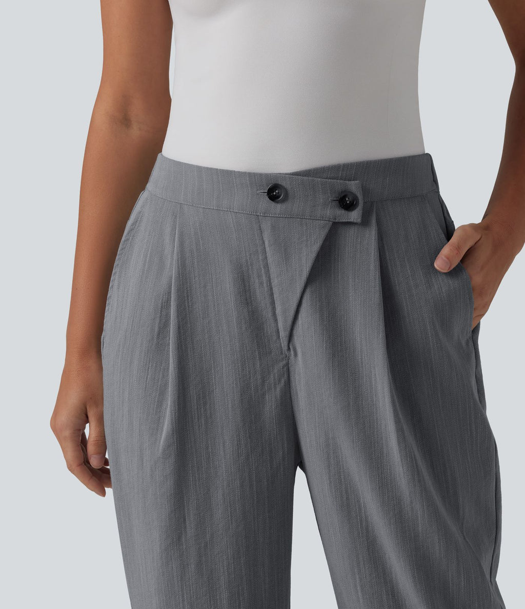 Pantalon tailleur aspect lin fuselé taille haute asymétrique avec poches