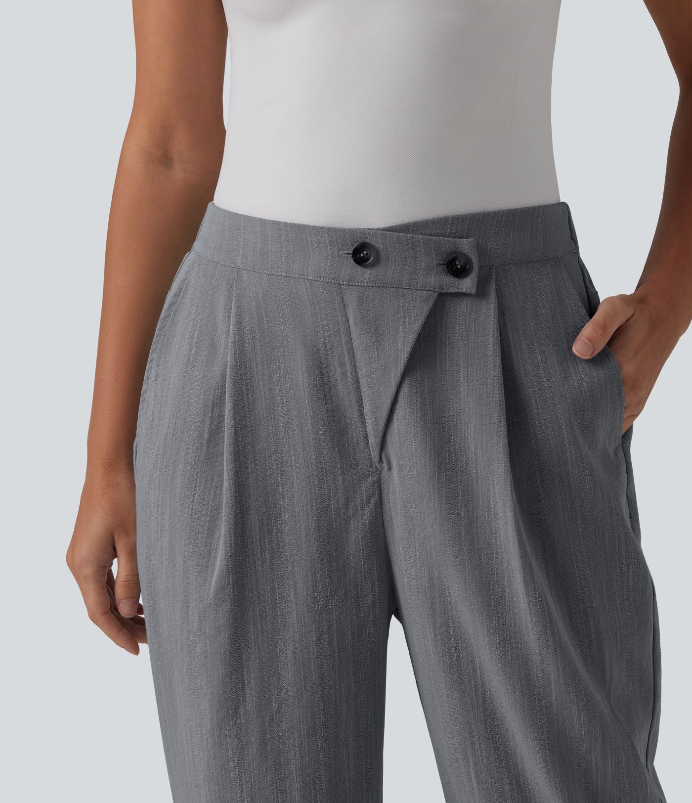 Pantalon tailleur aspect lin fuselé taille haute asymétrique avec poches