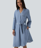 Robe courte casual denim en lyocell col V manches longues avec nœud devant et poches