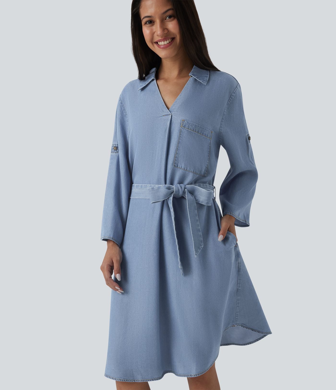 Robe courte casual denim en lyocell col V manches longues avec nœud devant et poches
