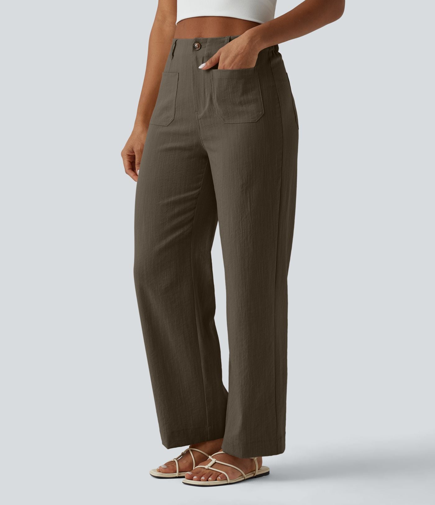 Pantalon taille haute coupe droite effet lin avec poches