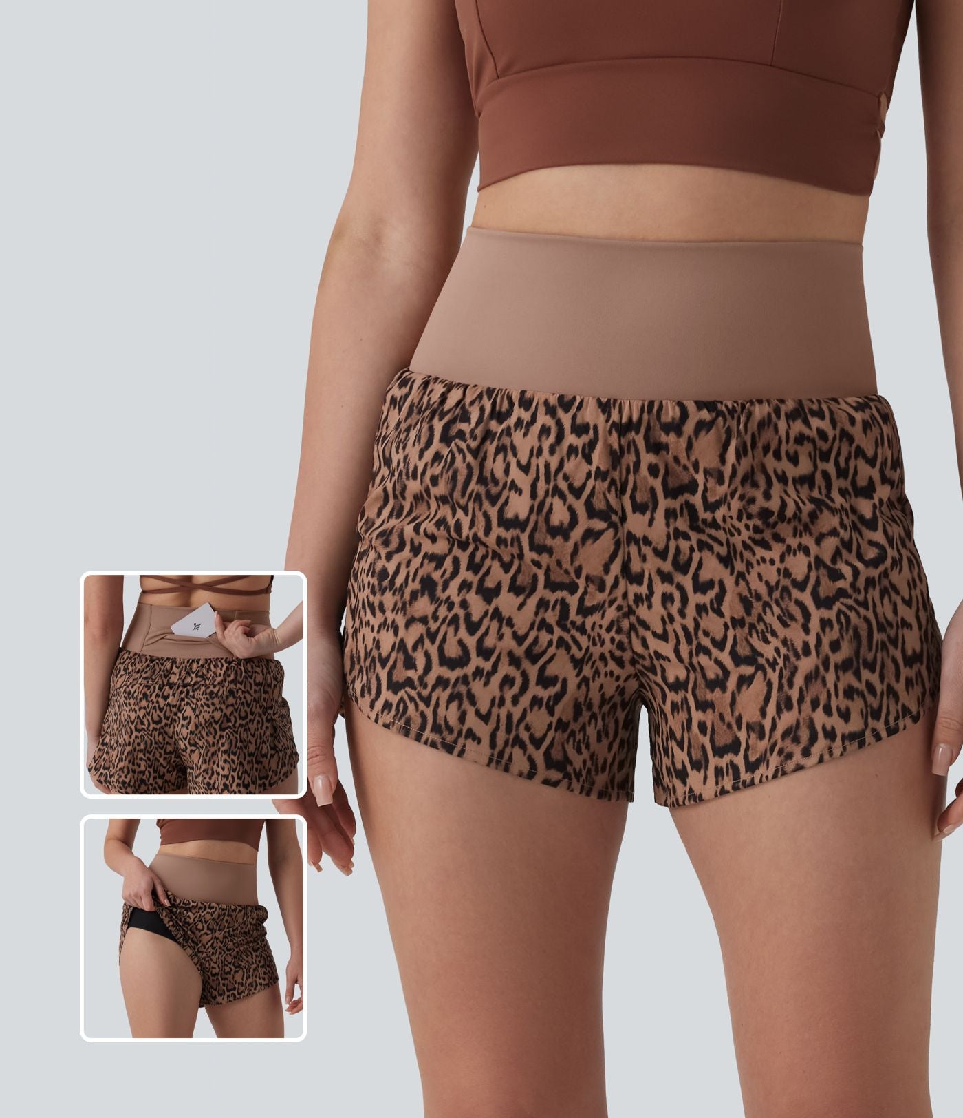 Short de running 2-en-1 taille haute imprimé léopard 7,5 cm avec poche