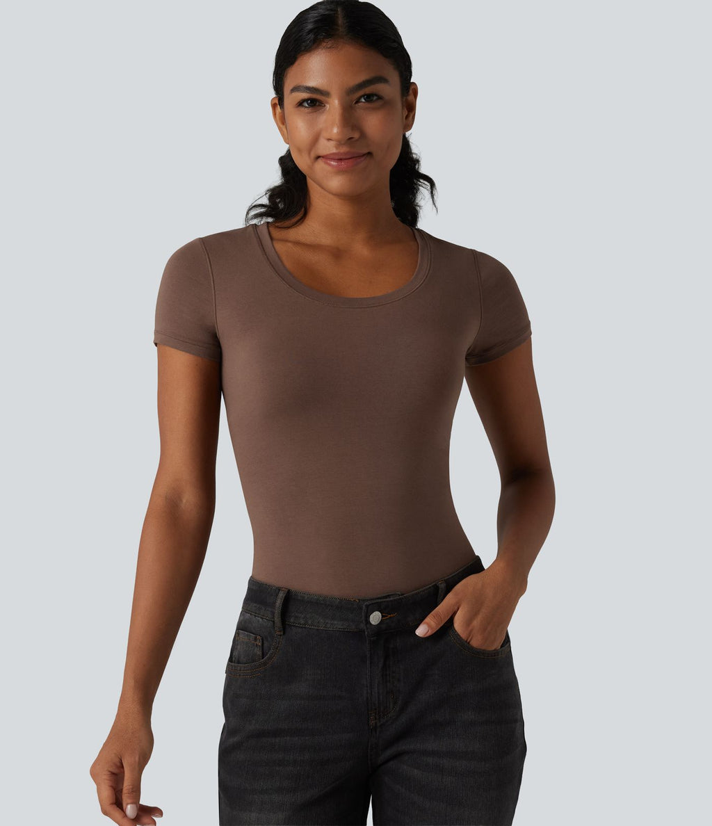 Halara T-shirt en jersey de coton col rond échancré manches courtes avec soutien-gorge intégré bonnets B-DD