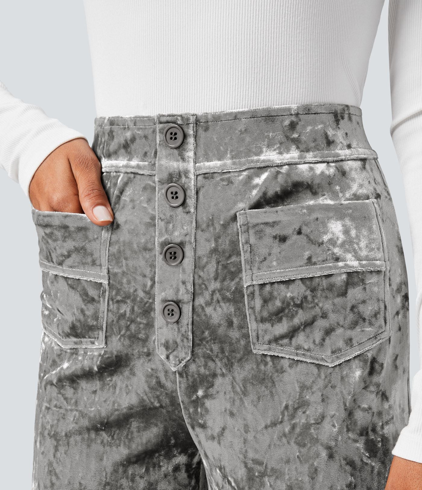 Pantalon Casual en Velours Taille Haute avec Bouton Multipoches Droites