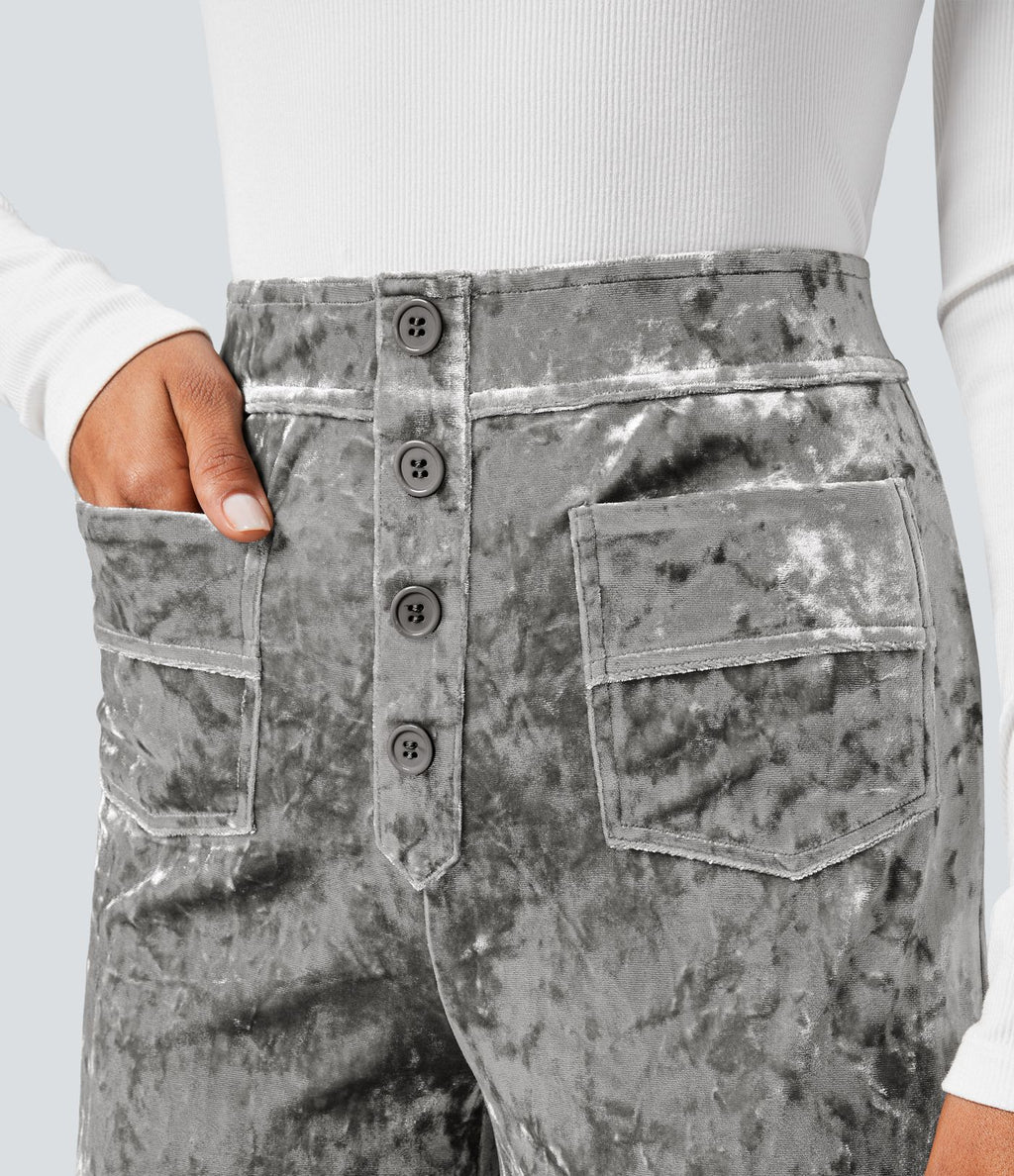 Pantalon en Velours Taille Haute avec Bouton Multipoches Droites