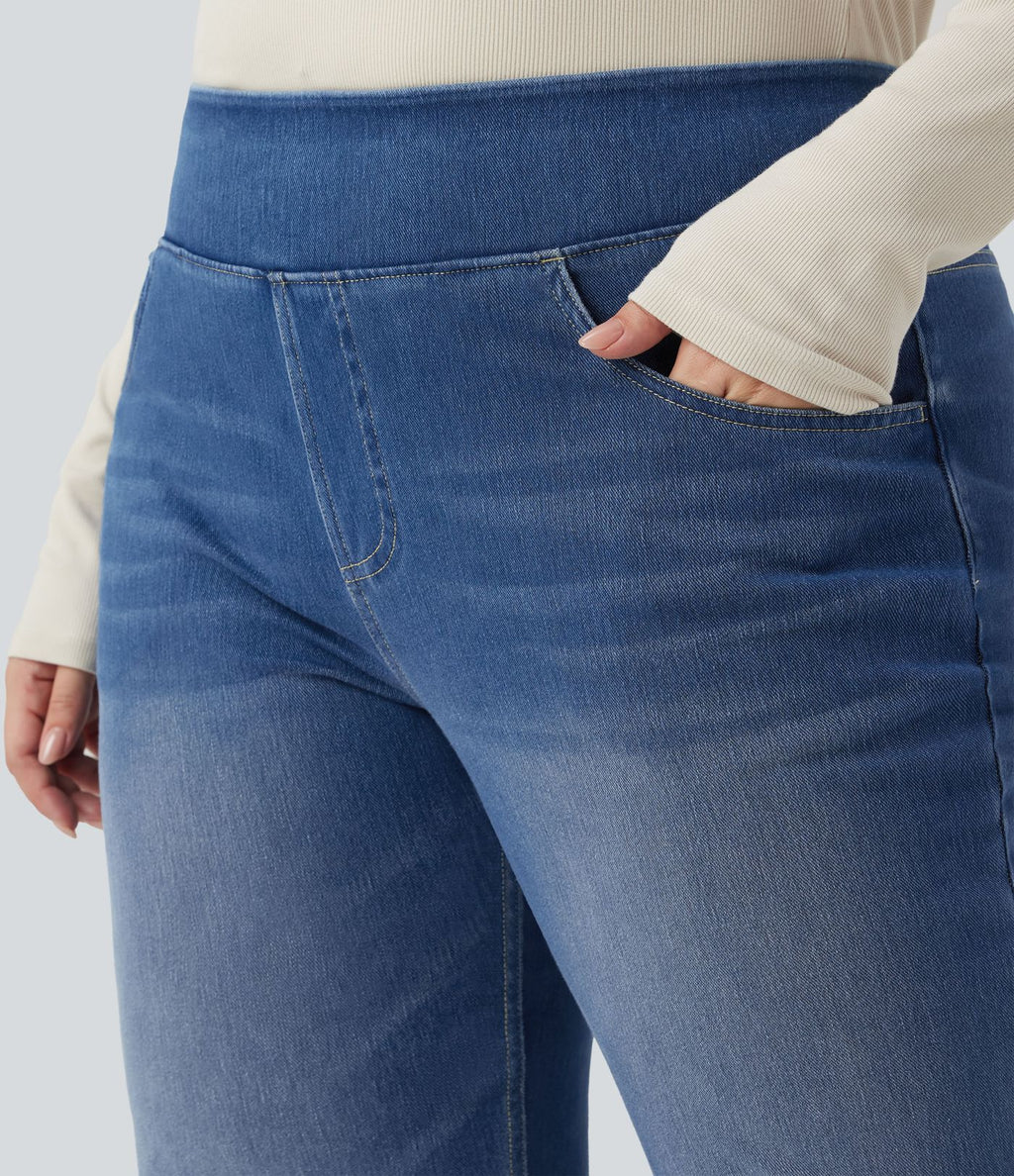 Jean décontracté Halara Flex™ grande taille bootcut taille haute en maille extensible délavée avec multiples poches