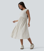 Robe midi fluide décontractée maille côtelée mélange lin col rond sans manches