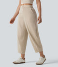 Pantalon casual taille mi-haute coupe tonneau aspect lin, avec poches