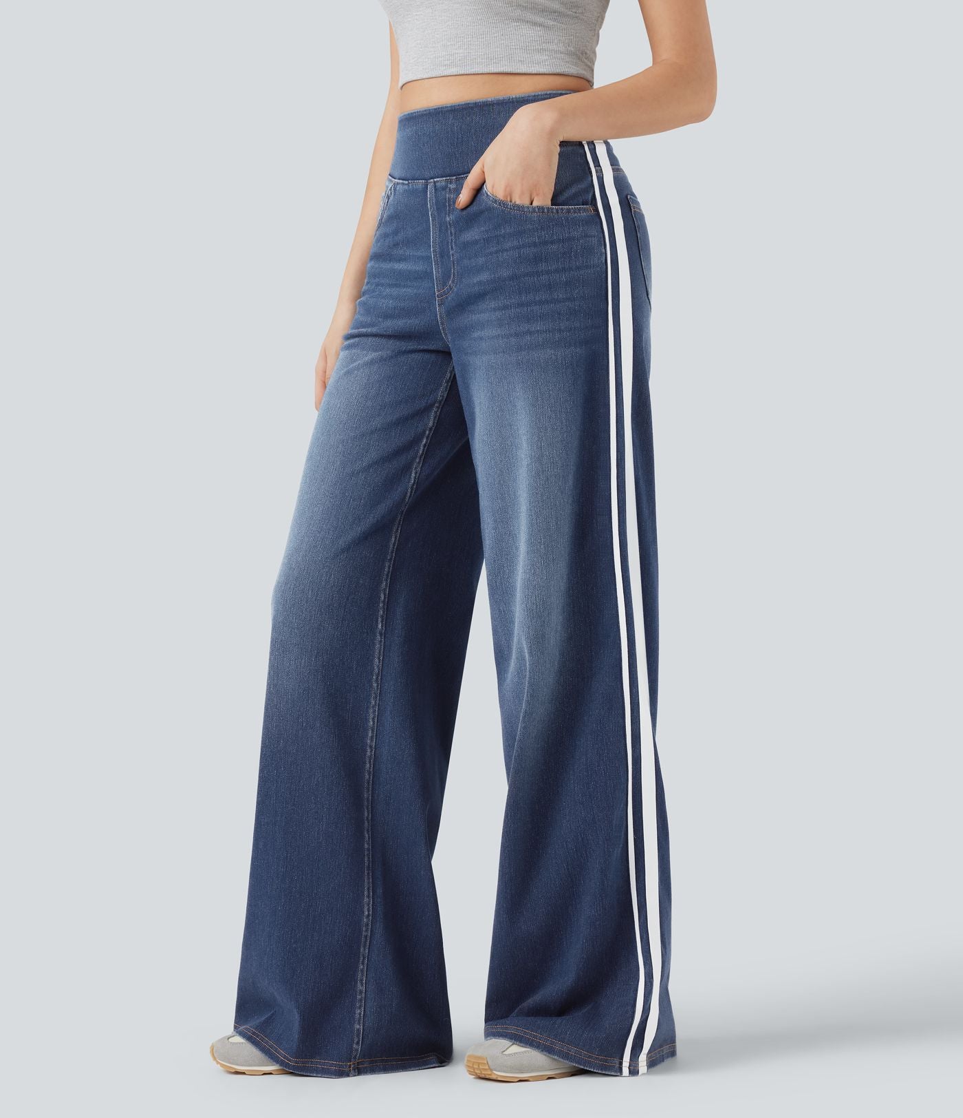 Halara Flex™ Jean large fluide délavé taille haute à rayures avec poches