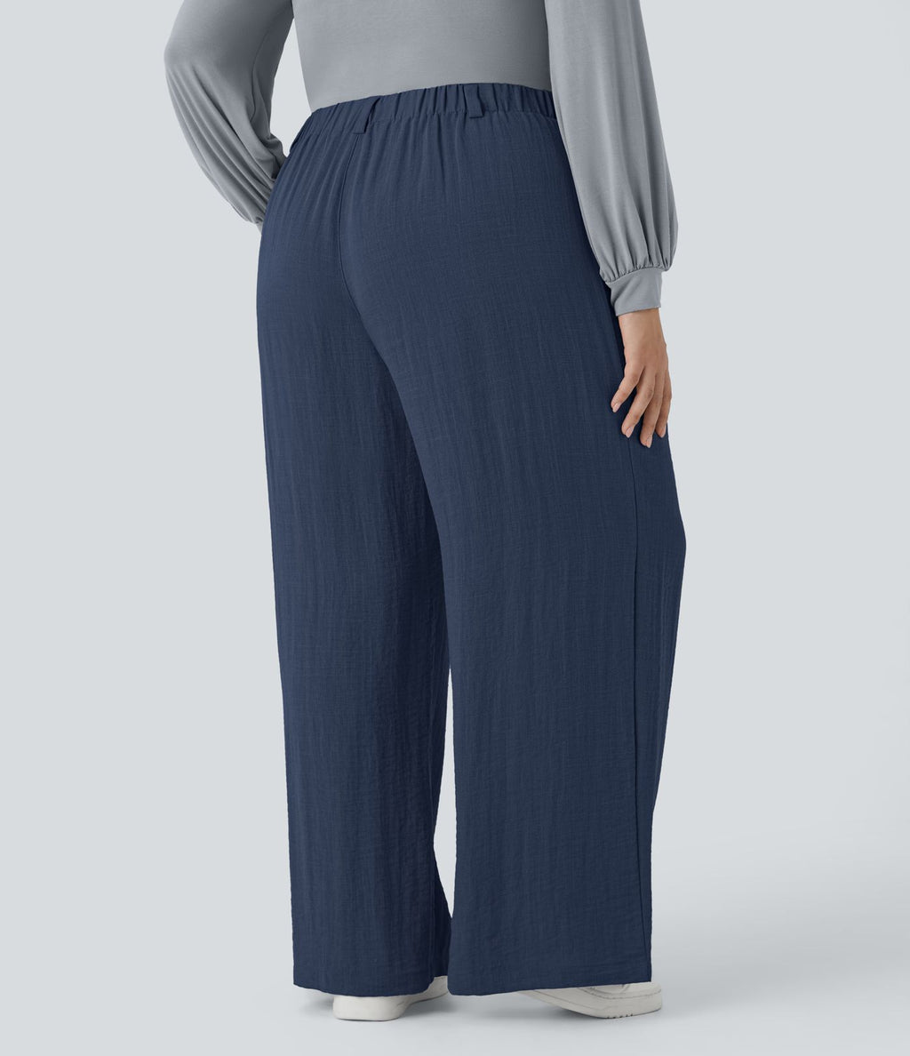 Pantalon décontracté palazzo large effet lin, taille haute, grande taille, avec poches