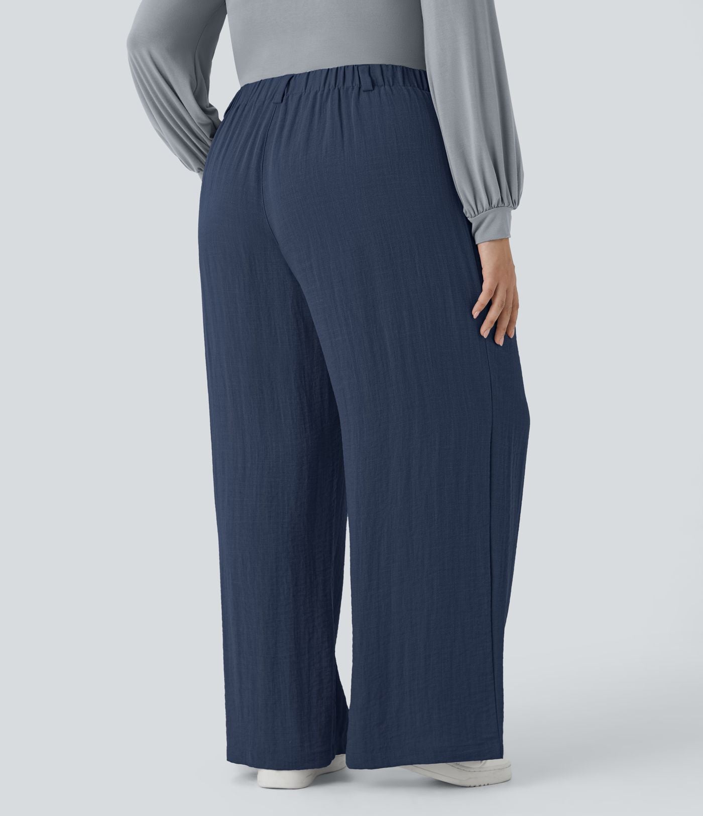 Pantalon décontracté palazzo large effet lin, taille haute, grande taille, avec poches