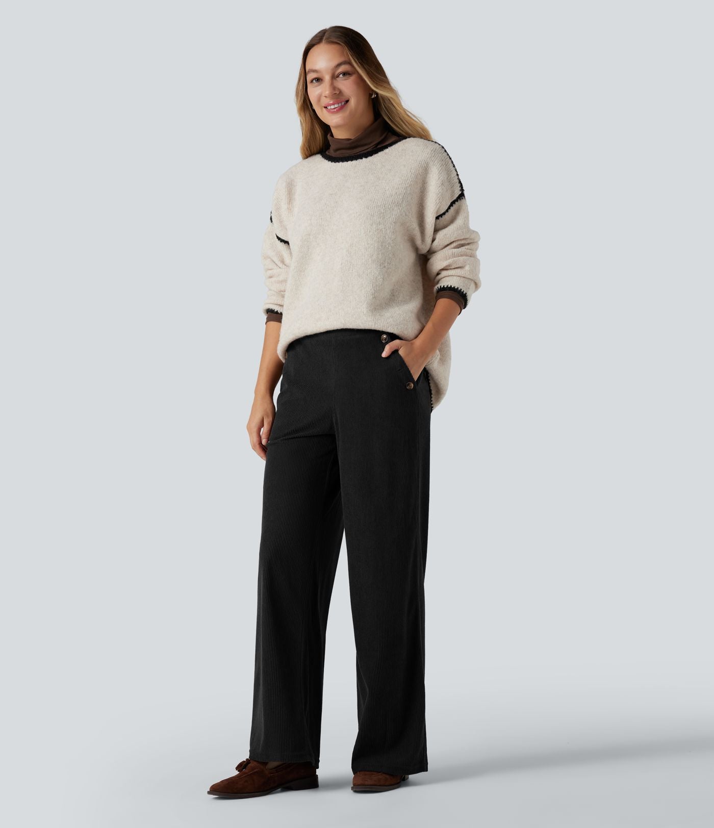 Pantalon décontracté droit en velours côtelé, taille haute, avec poches