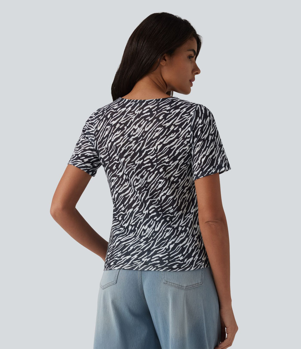 T-shirt casual imprimé zèbre col rond à manches courtes