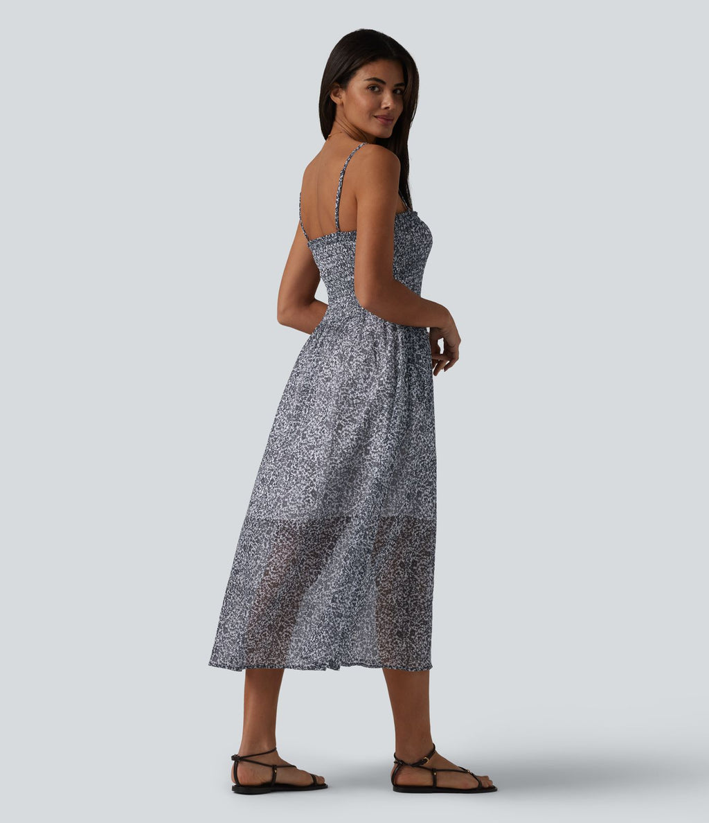 Robe nuisette midi casual fluide en mousseline à imprimé floral, fronces et bretelles réglables avec poches