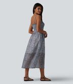 Robe nuisette midi casual fluide en mousseline à imprimé floral, fronces et bretelles réglables avec poches