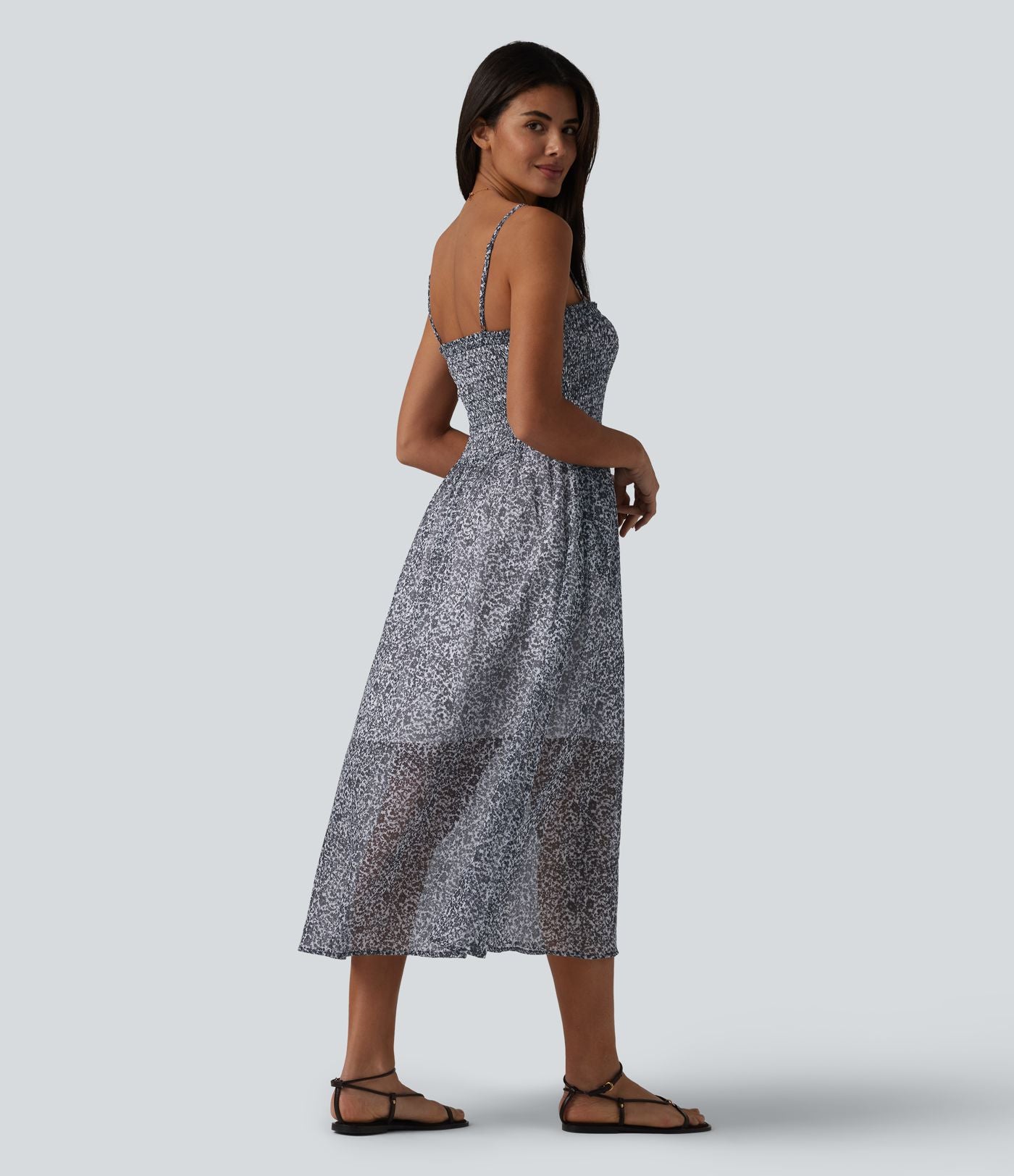 Robe nuisette midi casual fluide en mousseline à imprimé floral, fronces et bretelles réglables avec poches