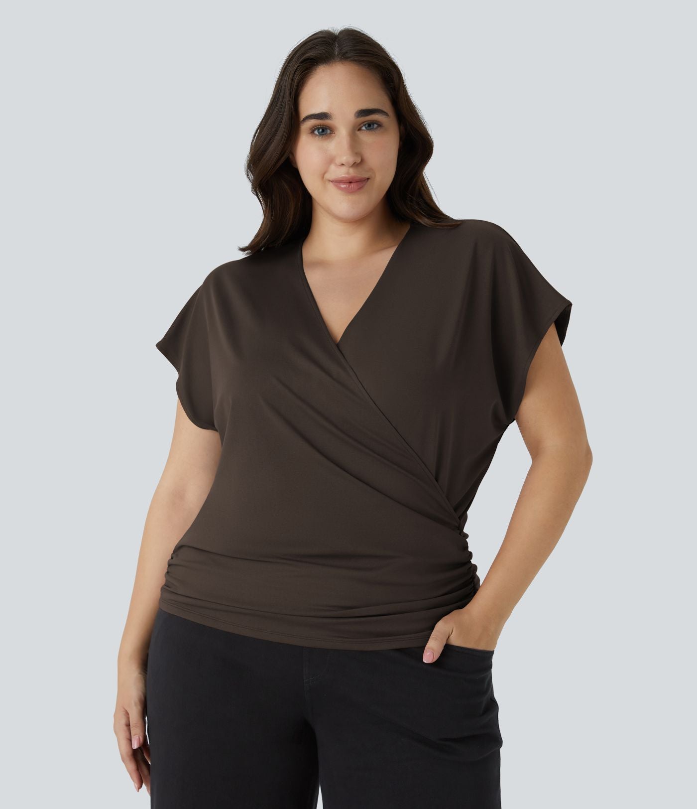 Blouse Travail Unie Froncée Croisée Manches Courtes Col en V Grande Taille