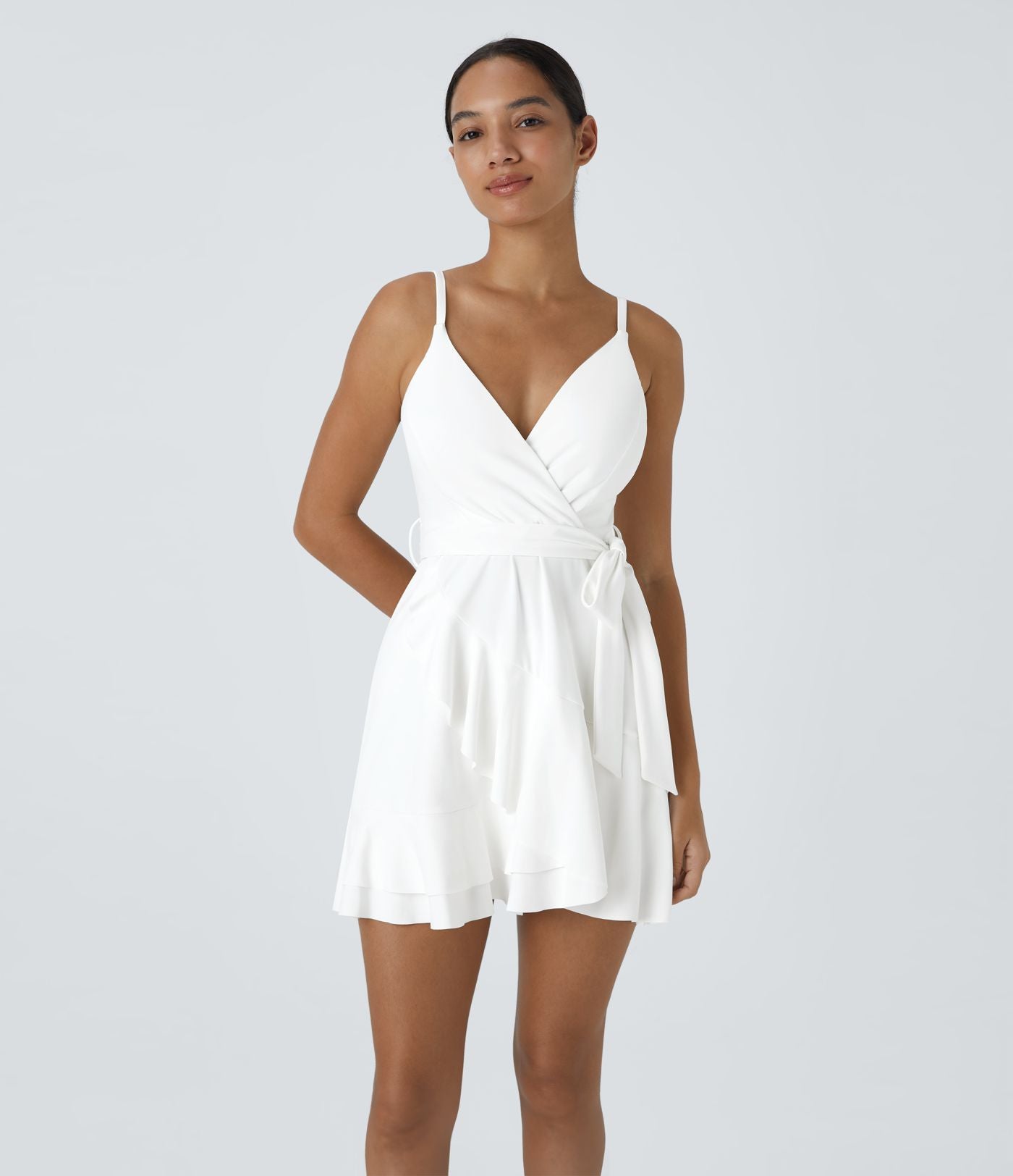 Robe décontractée mini 2-pièces col V liens latéraux volant fluide avec poche A-D