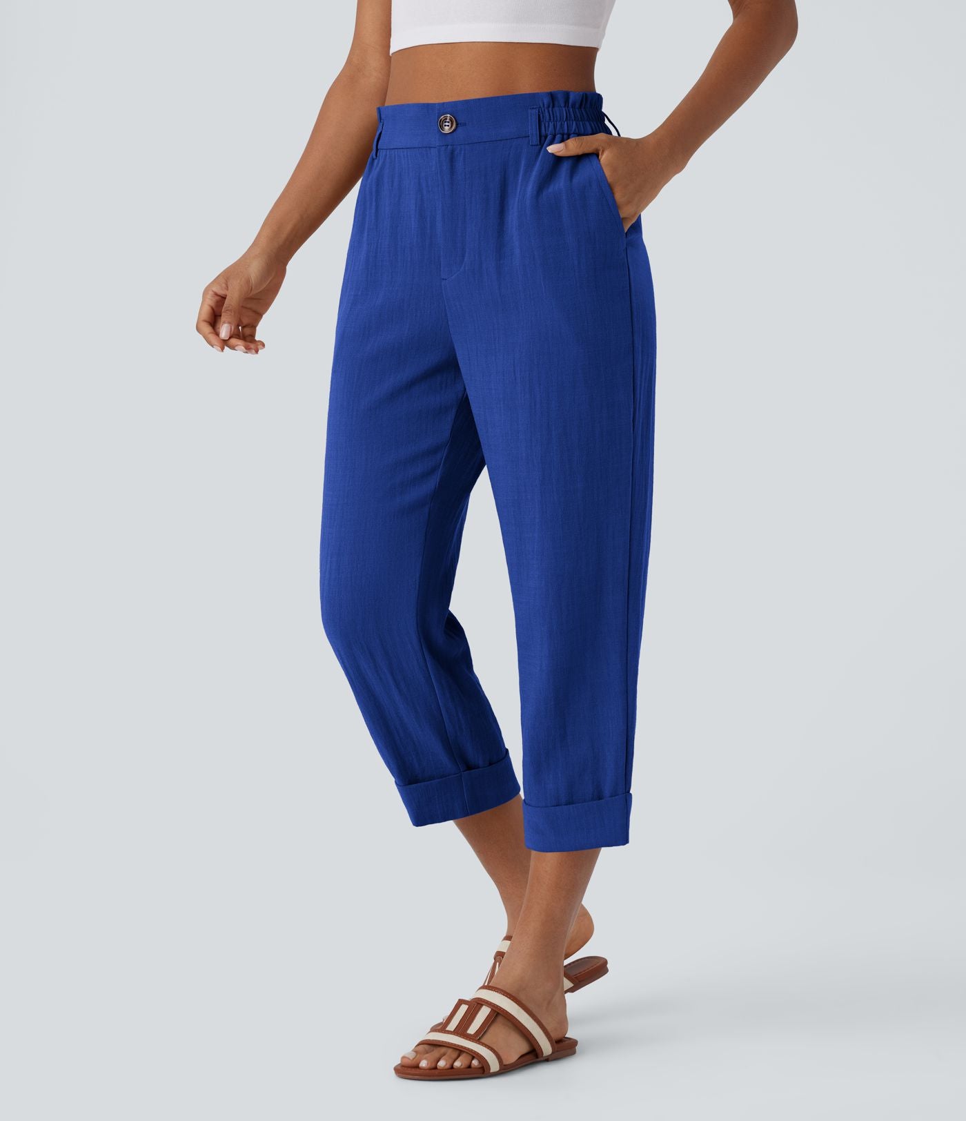 Pantalon capri effet lin taille haute avec poches zippées