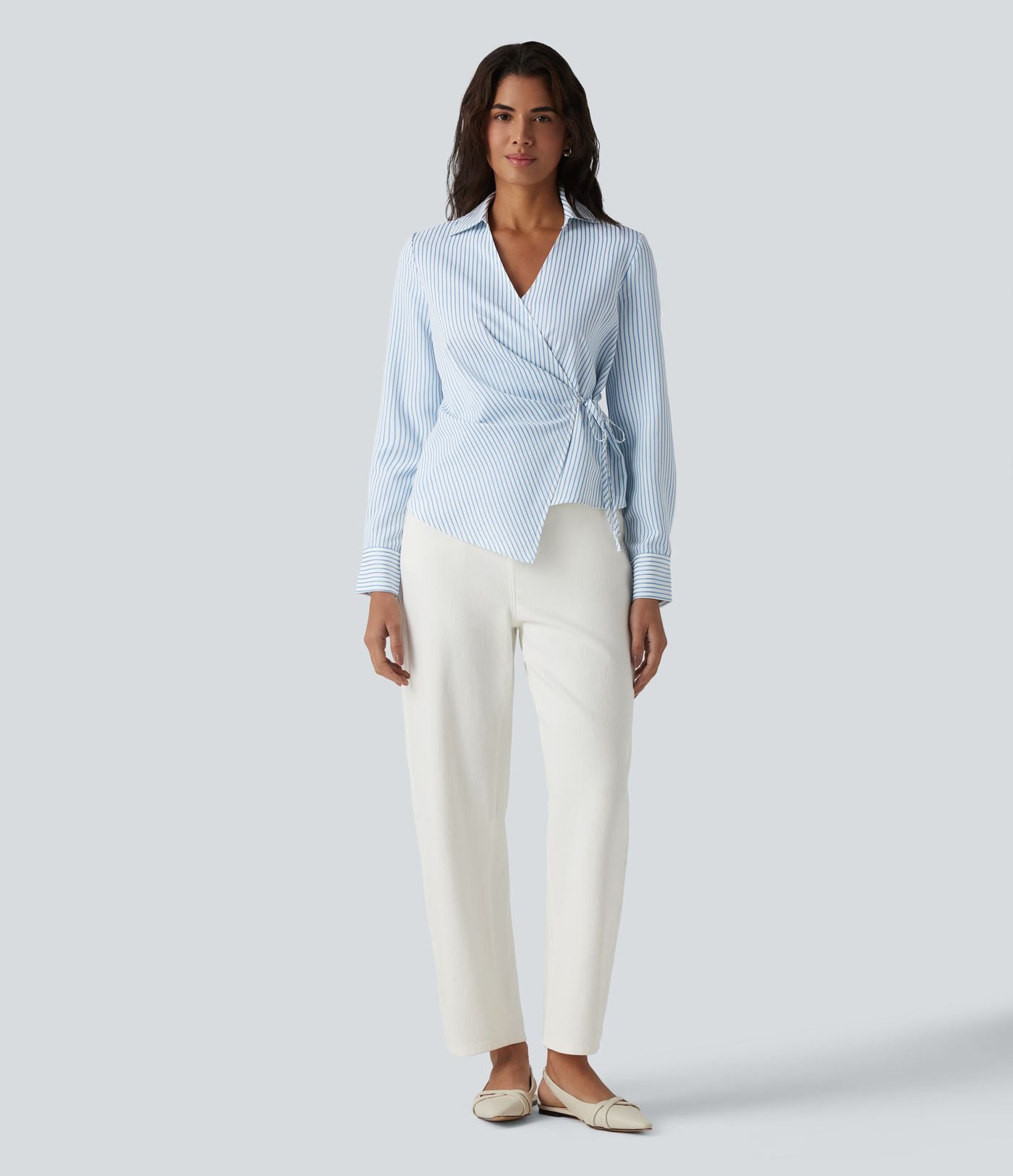 Chemise tailleur portefeuille manches longues à rayures et nœuds latéraux