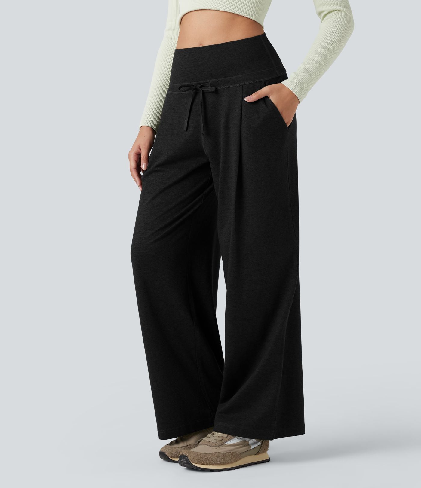 Pantalon jogging large thermique fluide chiné à rabat taille haute séchage rapide avec cordon de serrage et poches