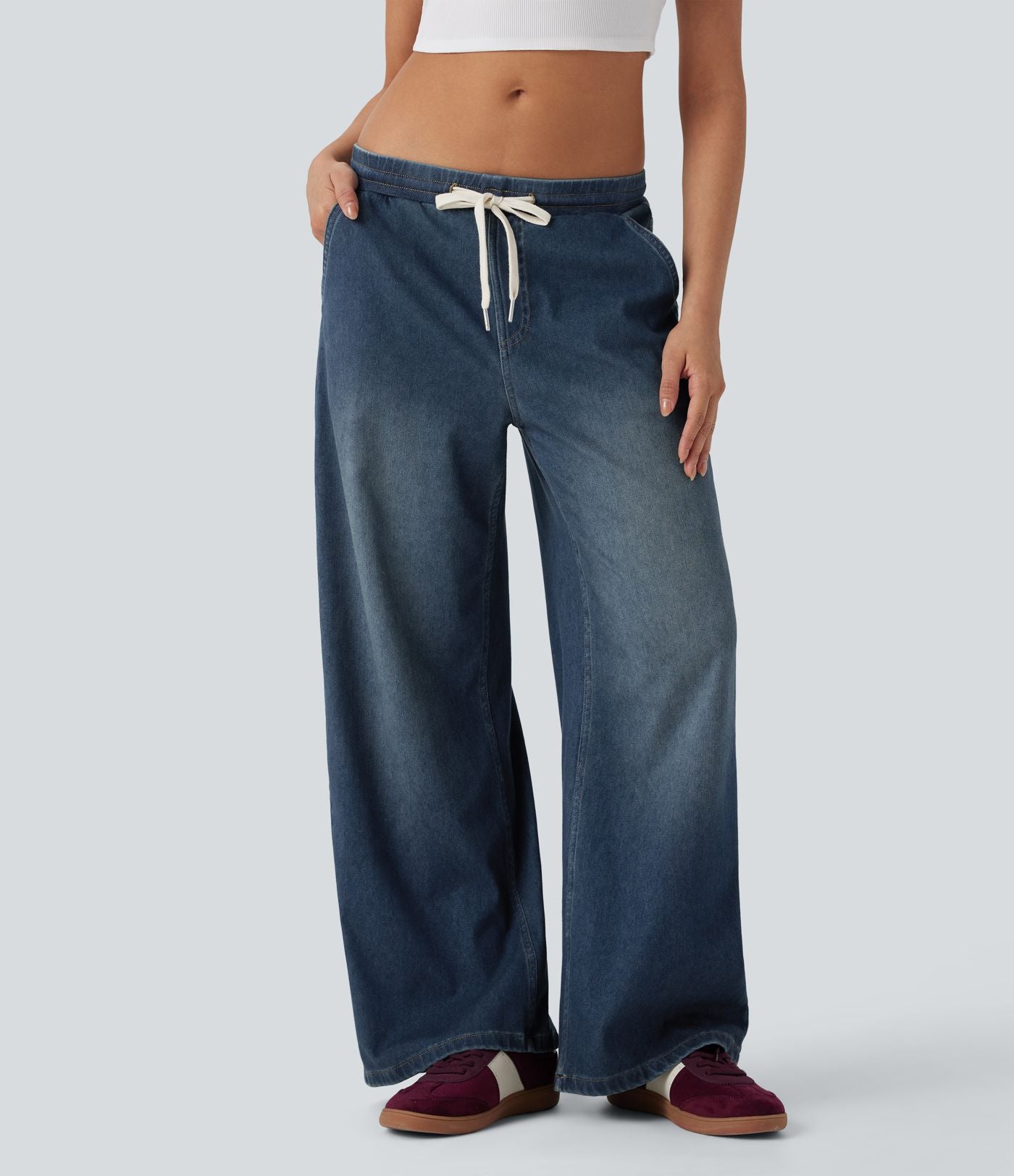 Jean ample en denim extensible à taille basse avec cordon Halara Flex™ avec multiples poches