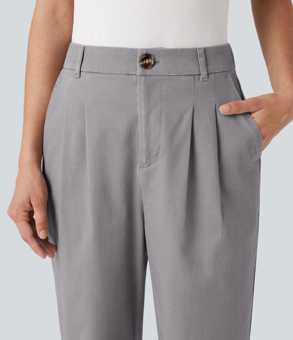 Pantalon coton coupe ajustée taille haute avec poches