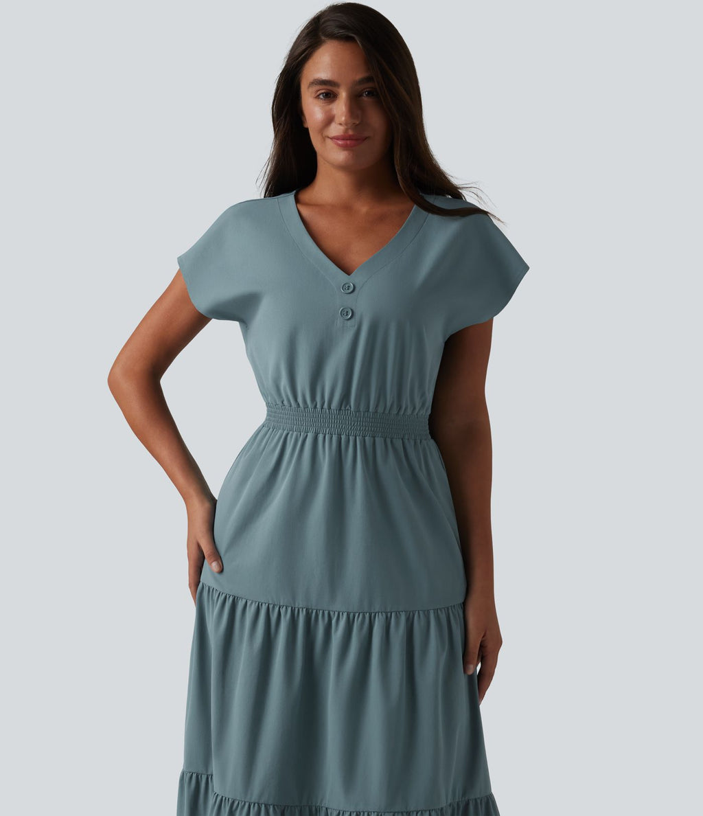 Robe midi décontractée en popeline stretch à manches courtes et col en V