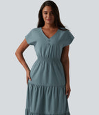 Robe midi décontractée en popeline stretch à manches courtes et col en V