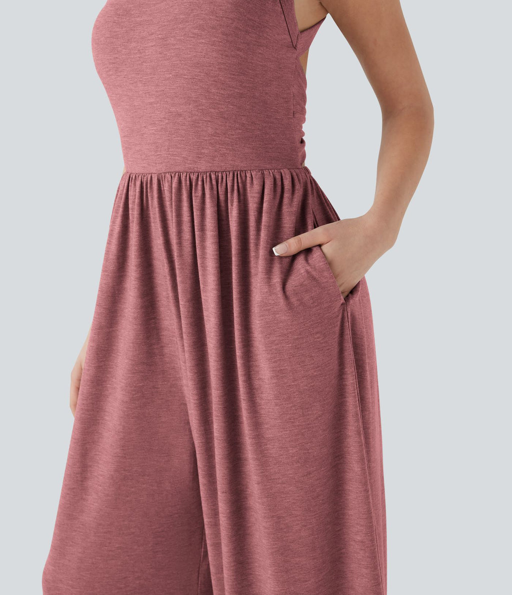 Combinaison décontractée dos nu torsadée large fluide avec brassière intégrée et poches - Easy Peasy Edition