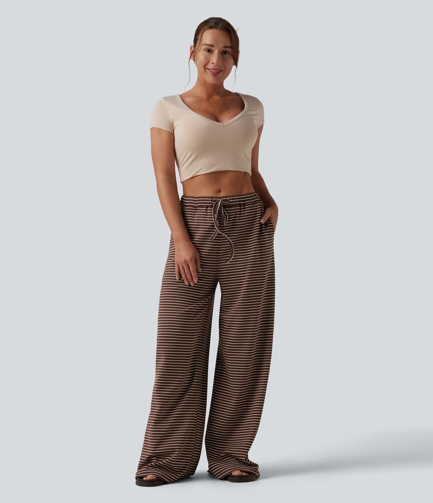 Pantalon large décontracté à rayures et taille haute avec cordon de serrage et poches