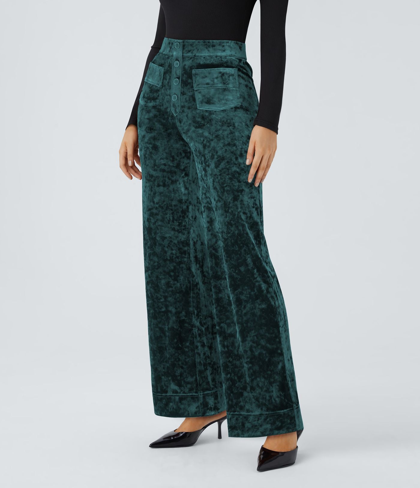 Pantalon en Velours Taille Haute avec Bouton Multipoches Droites