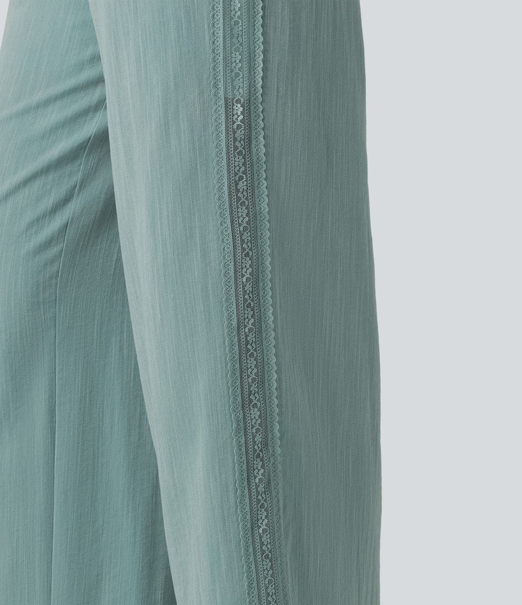 Pantalon large fluide casual 2 en 1 taille mi-haute avec cordon de serrage, dentelle contrastante, poches et aspect lin