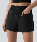 Short casual ample séchage rapide taille mi-haute aspect froissé avec poches à rabat