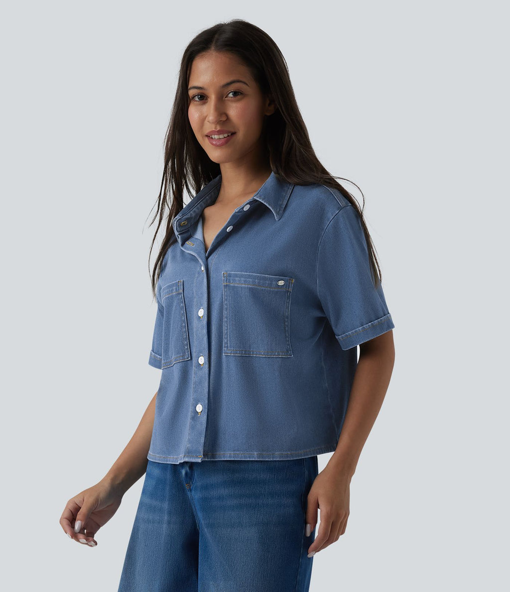 Halara Flex™ Chemise casual à manches courtes en denim lyocell drapé avec poches
