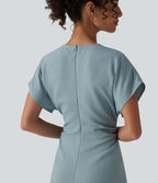 Robe longue tailleur évasée col V à manches courtes avec fermeture éclair invisible et drapé froncé