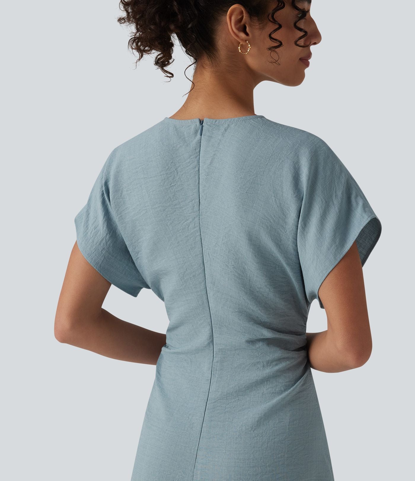 Robe longue tailleur évasée col V à manches courtes avec fermeture éclair invisible et drapé froncé