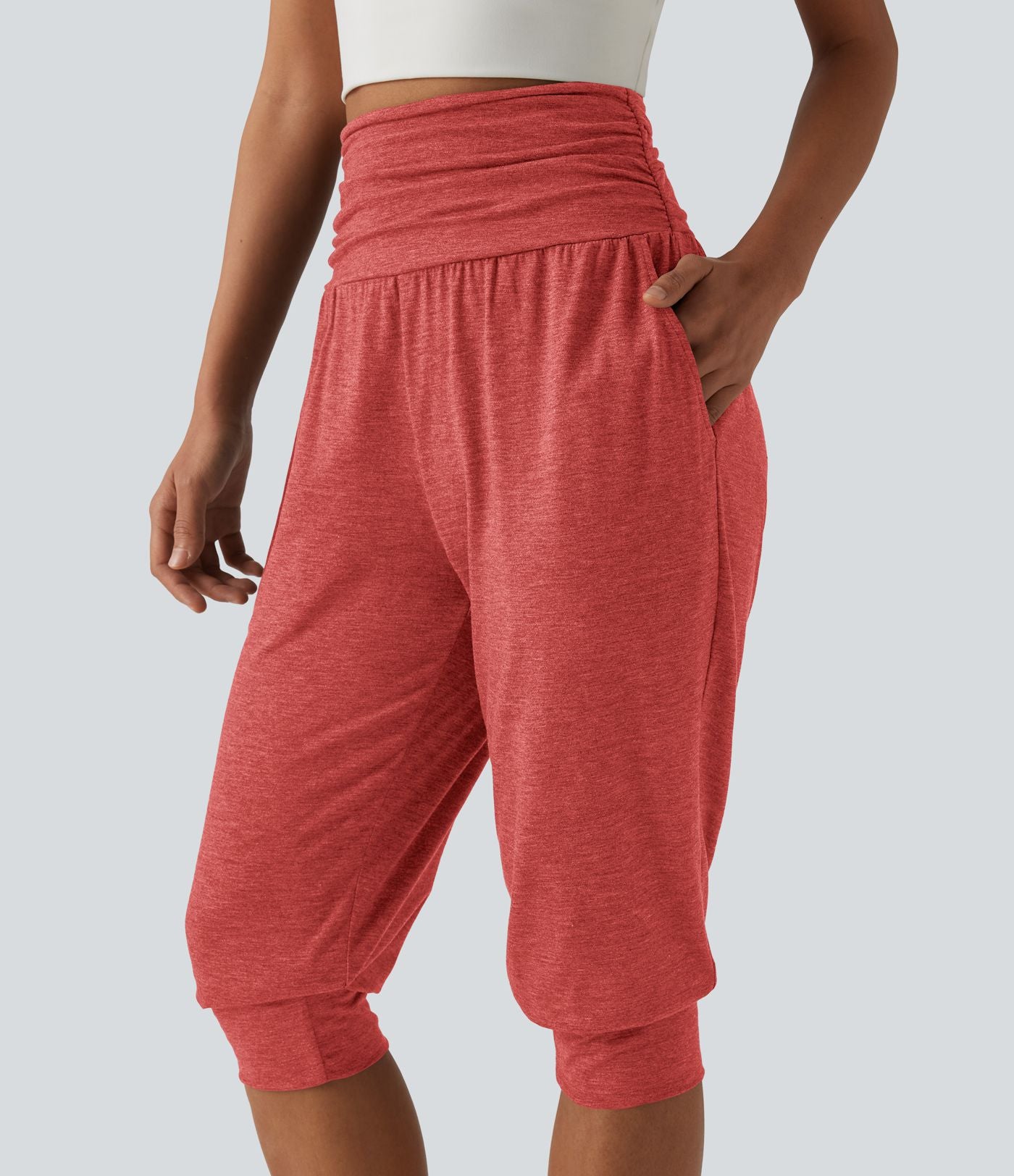 Jogging yoga corsaire chiné taille haute à fronces avec poches