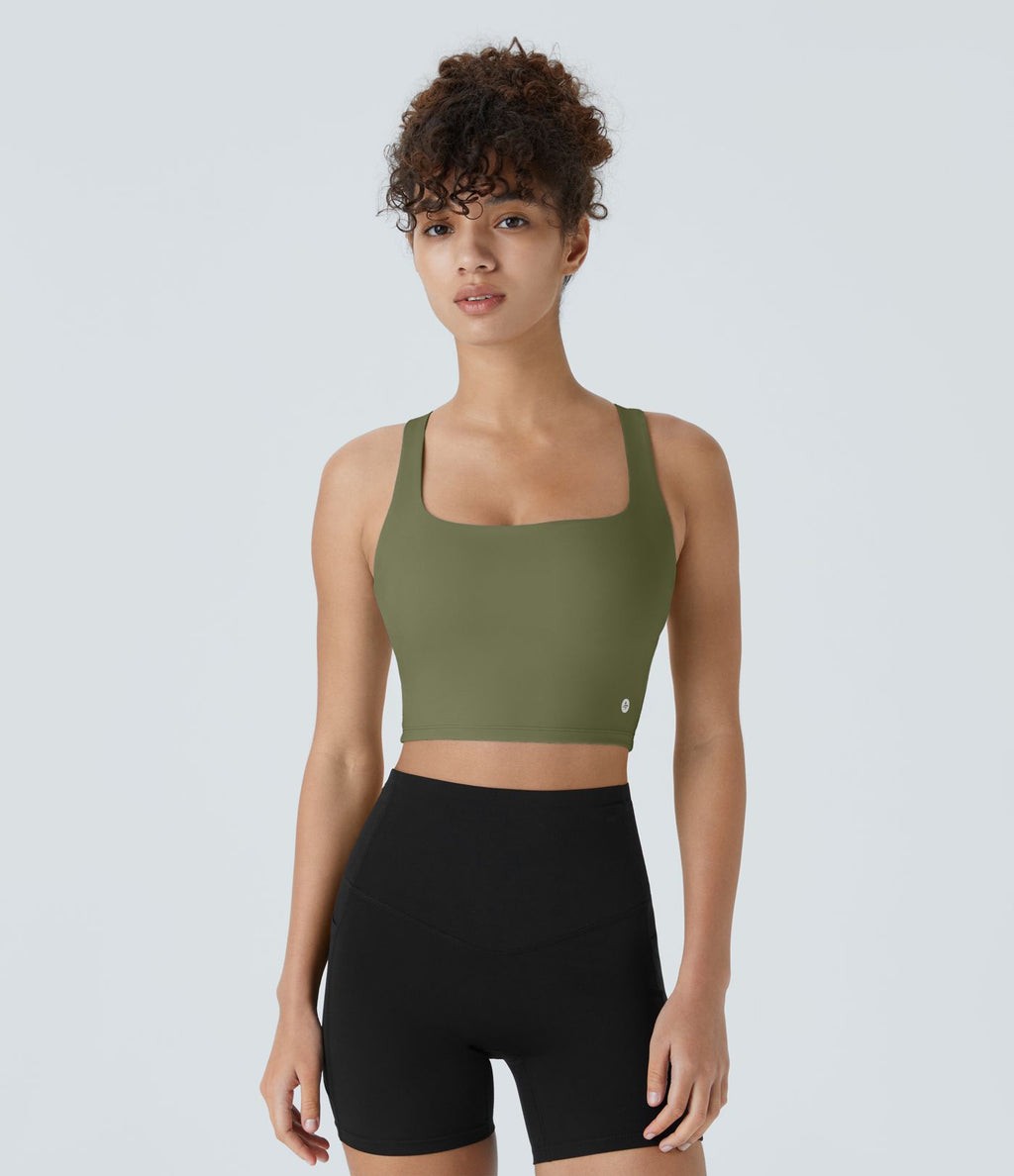 Débardeur yoga court SoftlyZero™ Airy col carré dos nu bretelles croisées effet frais InstantCool, bonnets A-C, protection solaire UPF50+