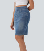 Halara Flex™ Jupe en Jean décontractée stretch délavé à taille haute, multiples poches et fente latérale