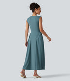 Robe longue casual fluide col U sans manches avec poches