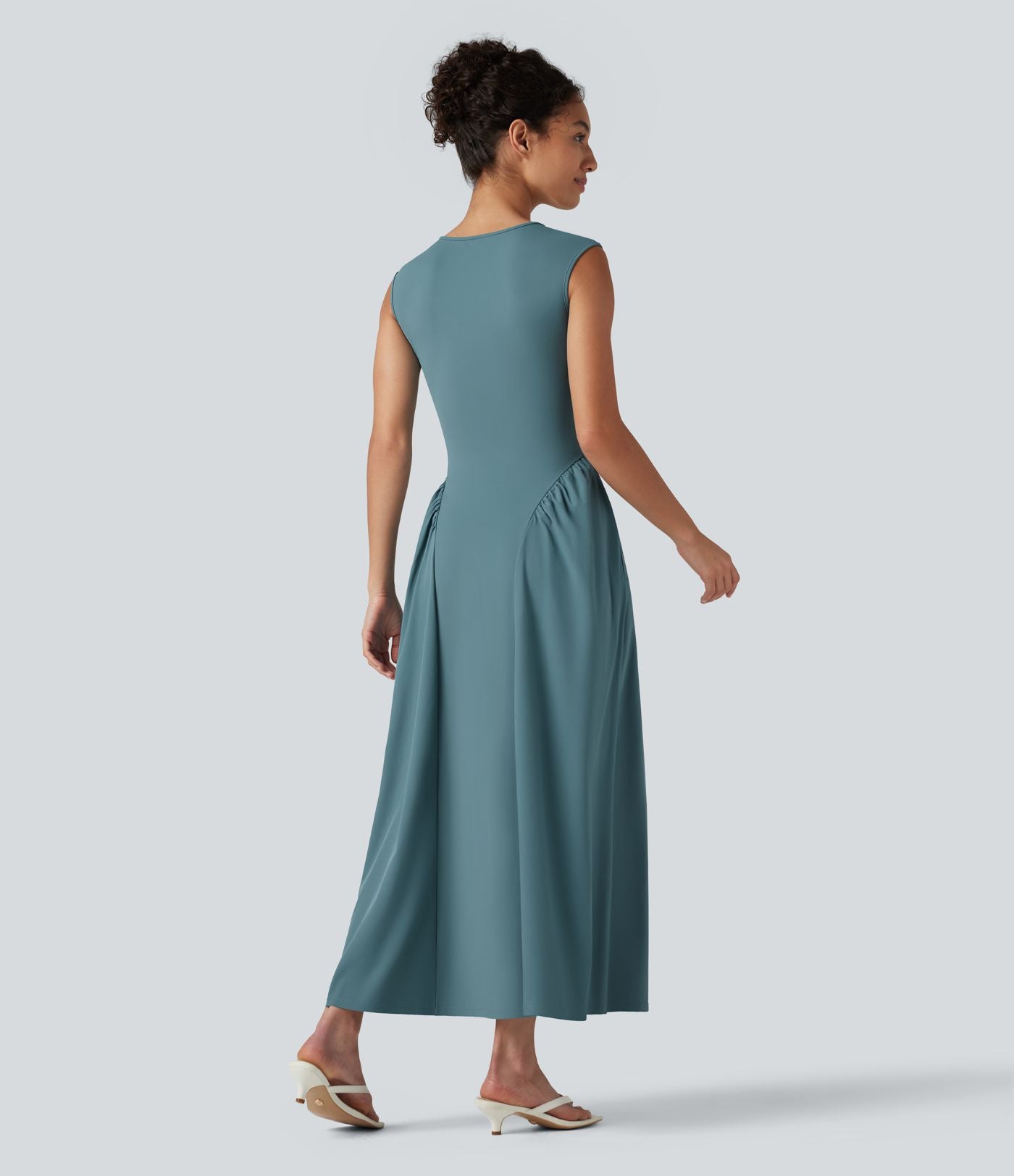 Robe longue casual fluide col U sans manches avec poches